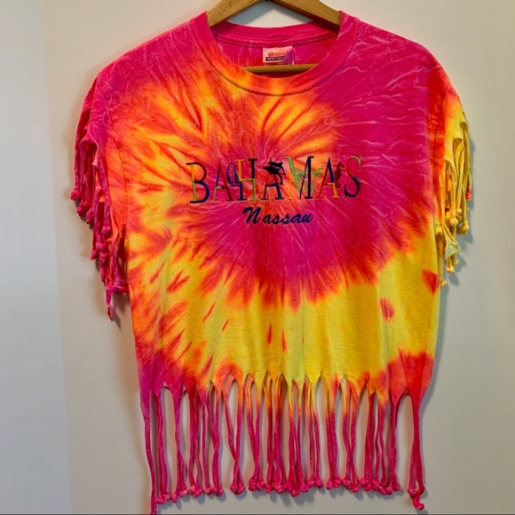 Neon Tie-Dye Fringe Bahamas Crop Top Size Medium Hot Pink and Neon Yellow - Picture 3 of 8